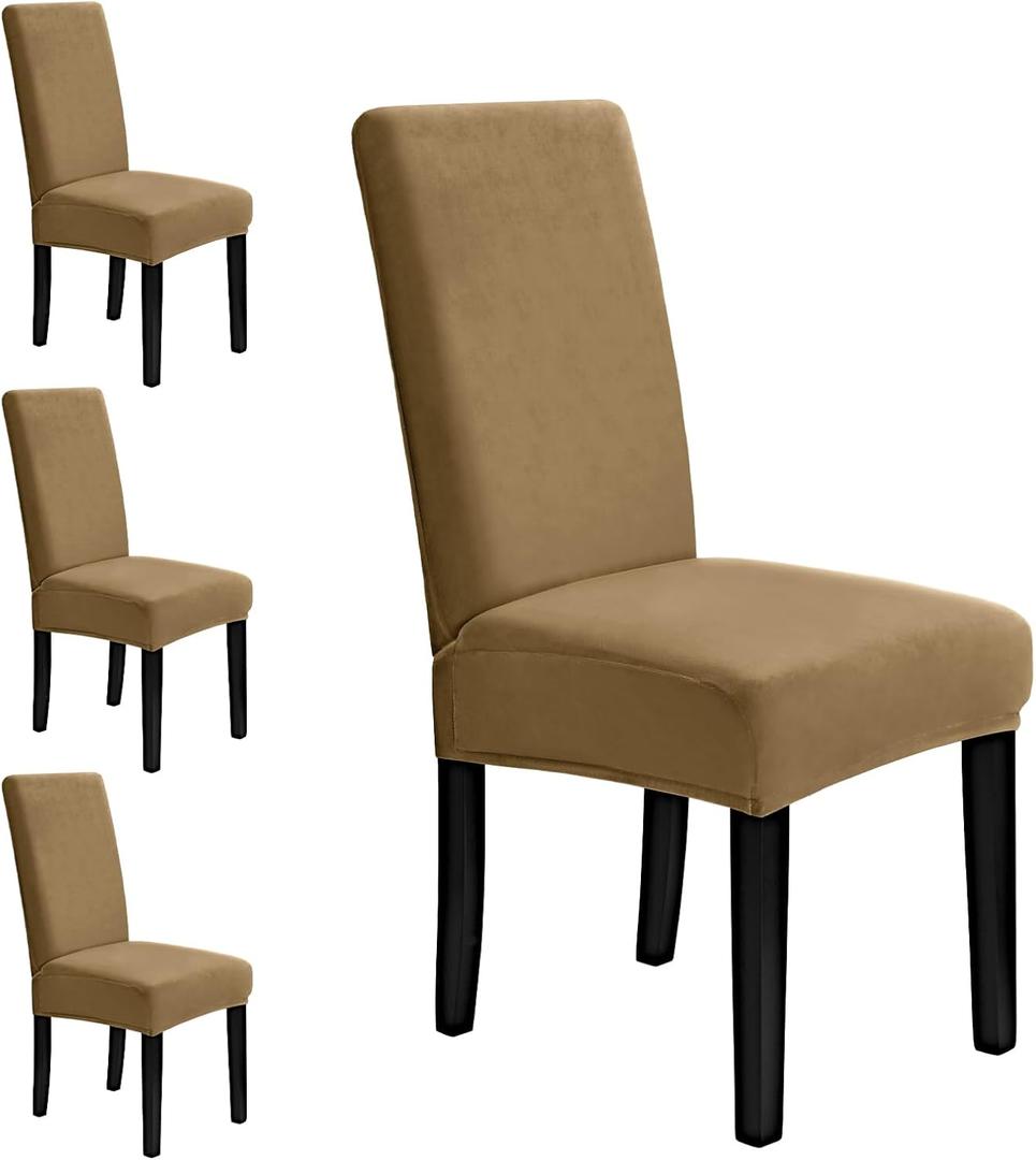 MOSAYT Velvet Stretch Chair Covers for Dining Room Set of 4 - Soft Slipcovers with Thick Removable Fabric for Parsons Chairs, Washable Seat Protectors for Kitchen, Banquet & Home Decor, Camel