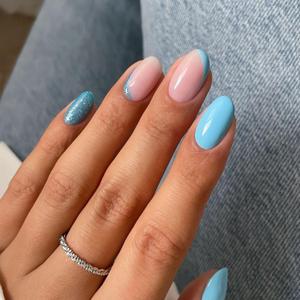 Glitter Press on Nails Short Almond Shaped False Nails Design Blue Glossy French Fake Nails Sparkly Reusable Full Cover Acrylic Nails Bling Stick on Nails for Women Nail Art Manicure 24 Pcs (Style 25)