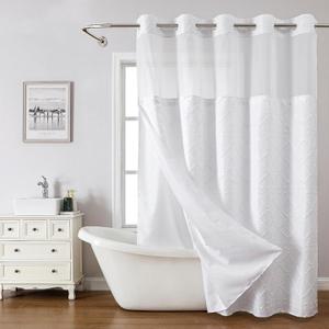 Eachope White No Hook Shower Curtain with Fabric snap in Liner Set, Boho Tufted Chevron Striped Shabby Chic Textured Shower Curtain with a mash Top Window, Hotel Decor, 71" W x 74" L