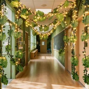 Preboun 20ft Jungle Theme Party Decorations with String Lights Tropical Rainforest Palm Leaves Safari Artificial Rattan Decor Set for Indoor Outdoor Forest Classroom Birthday Decor