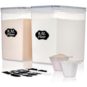 Vtopmart 9.5L 2 Pack Extra Large Flour Sugar Storage Containers for 25lbs flour, Airtight Kitchen Pantry Organization Canisters with Lids for Bulk food, Rice, Baking Supplies, BPA Free, Black