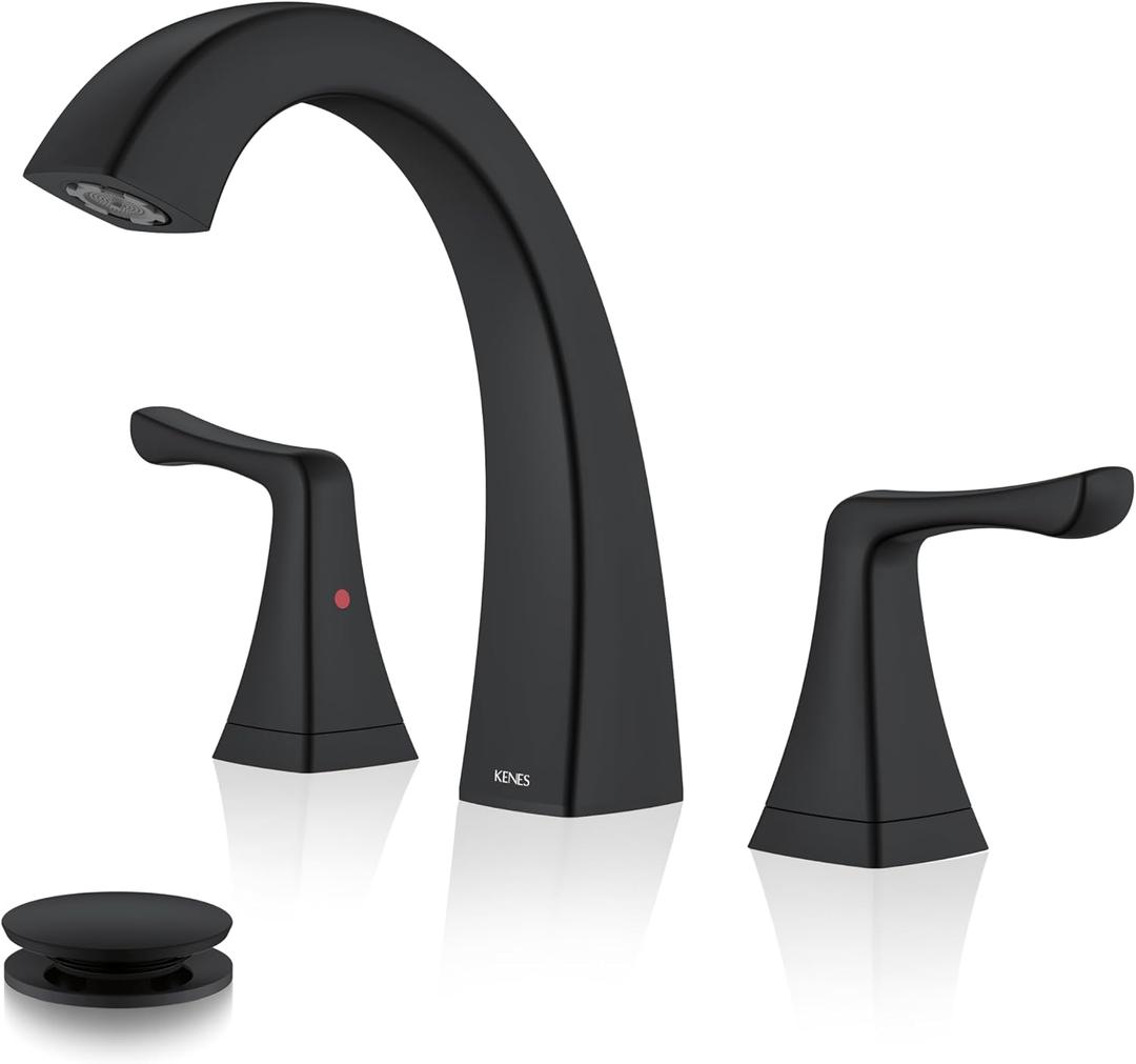 KENES Black Bathroom Faucets for Sink 3 Hole, Matte Black 8 Inch 2 Handle Widespread Bathroom Faucet, Bathroom Vanity Faucet with Pop Up Drain & Supply Lines, LJ-9075-2