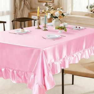 YPDY 2 Pack Ruffle Tablecloth 60" x 102",Pink Satin Tablecloth Rectangle Silky Table Cloth Table Cover,Scalloped Table Cloth for Kitchen Dining and Weddings