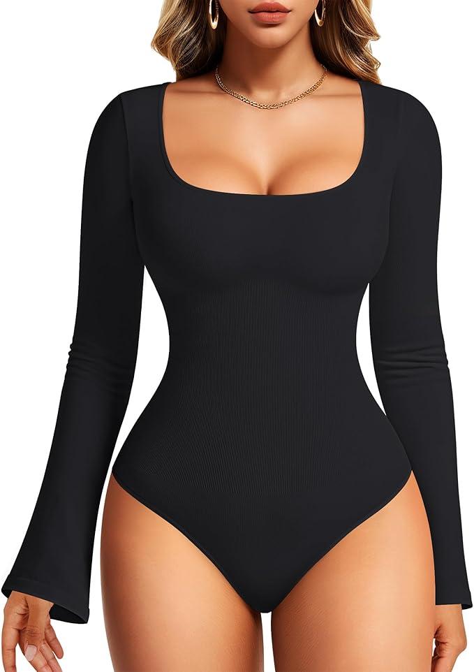 Nebility Long Sleeve Bodysuits for Women Tummy Control Shapewear Square Neck Body Suits Bell Sleeves, M