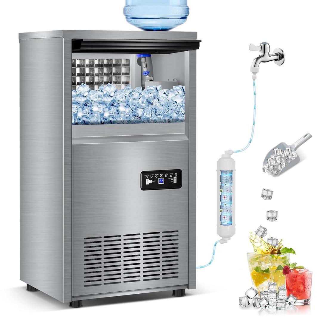 Commercial Ice Maker Machine with 2-Water Inlet Options, 40 lbs Storage Bin, 140 lbs/24H Built in Ice Machine, Stainless Steel Under Counter Freestanding Ice Maker for Home, Bar, and Restaurant