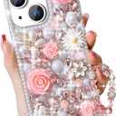 for iPhone 15 Glitter Bling Case, Cute Luxury 3D Crystal Rhinestone Diamond Sparkle Shiny Gems Flower Pearl with Lanyard Wrist Strap Women Girls Protective Case for iPhone 15 6.1 inch (Pink)