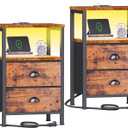 Furologee Nightstands Set of 2 Charging Station, End Tables with LED Lights, Nightstands with 2 Fabric Drawers and Shelves, Bedside Tables for Living Room/Bedroom,Rustic Brown