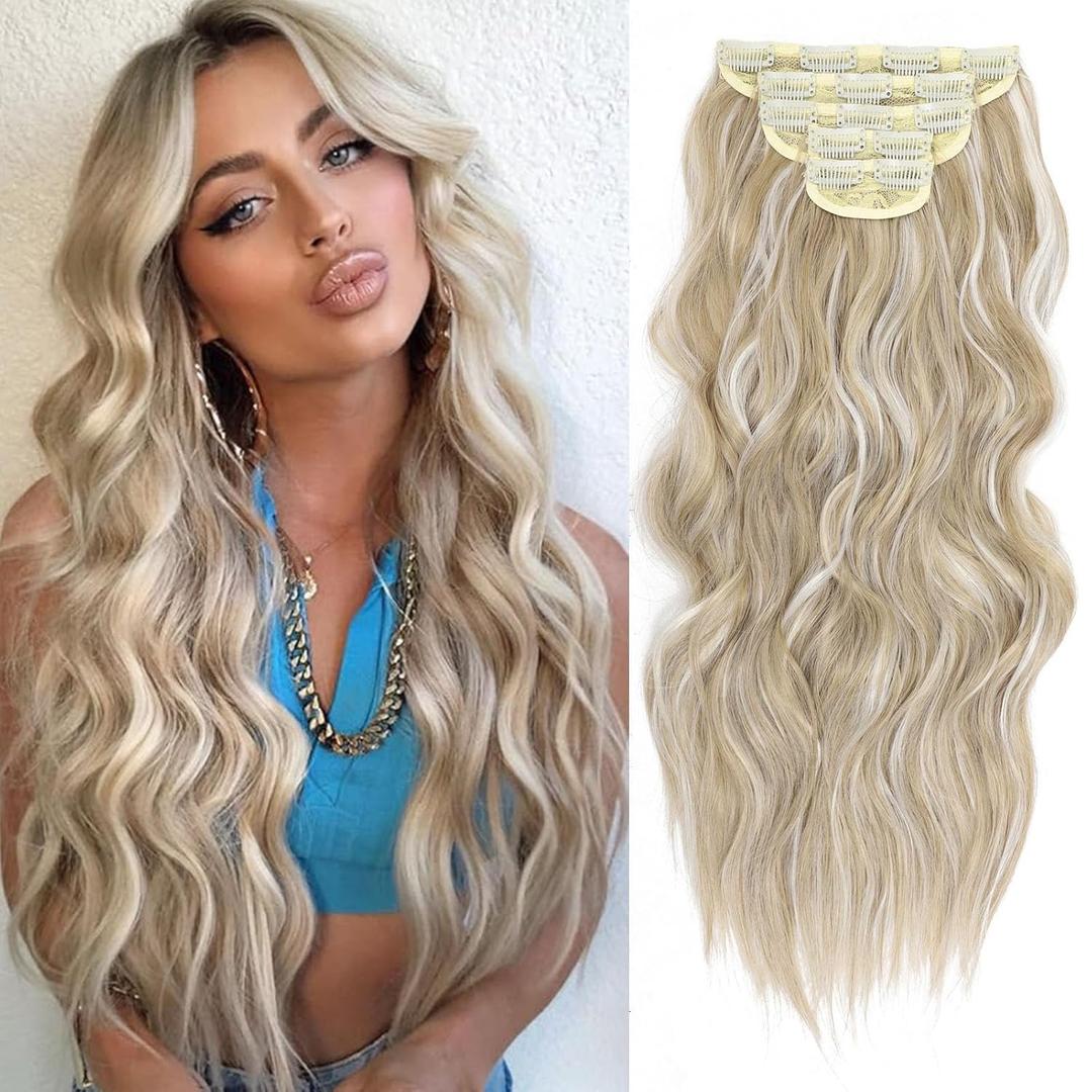 Long Wavy Synthetic Clip in Hair Extensions 20 Inch Ash Golden Blonde mix Platinum Blonde 5PCS Soft Hairpieces Thick Hair Extensions for Women