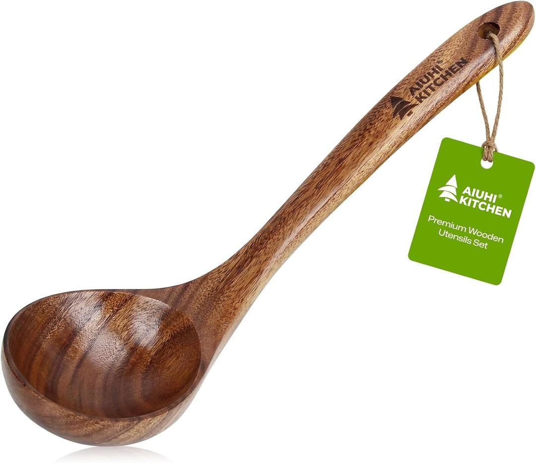 AIUHI Wooden Ladle for Cooking,Teak Wood Soup Ladle, Long Handle Deep Scooper Wooden Serving Spoon  Non-stick & No Scratch (11.83.1 in)