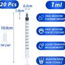 20 Pack 1ml Syringe with Cap for Liquid, 1cc Plastic Small Syringes with Cover, Non-Sterile, No Needle