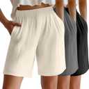 Riyiper 3 Pack Women's Linen Shorts Elastic High Waist Bermuda Wide Leg Summer Casual Lounge Short with Pockets (Medium, Apricot, Gray, Black)