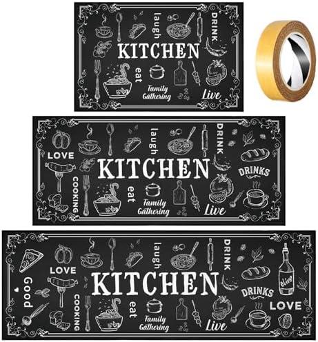 Bencailor 3 Pieces Kitchen Rugs Set Non Slip Washable Kitchen Mats Farmhouse Welcome Door Mat Floor Rugs Absorbent for Home Laundry Living Room and Hallway,3 Sizes (Black)
