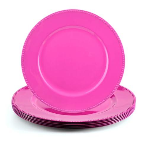 FoldTier 6 Pcs 13" Beaded Charger Plates Plastic Round Charger Bulk for Tabletop Decorations Wedding Birthday Tableware Hot Pink Party Supplies Formal Setting Centerpiece Baby Shower Catering Event