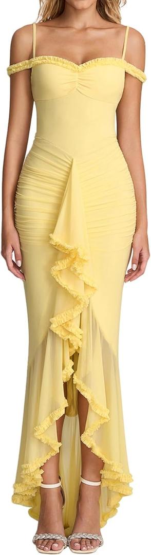 KUTUMAI Women Ruffle Bodycon Maxi Dress Ruched Long Formal Cocktail Wedding Guest Dresses (Yellow, XL)