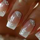 5 x Press on Nails Medium Square Fake Nails with Silver Glitter Design Sparkly French Tip Acrylic Style Artificial Fingernails for Women Party Prom Manicure 24Pcs, (Mix Nails )