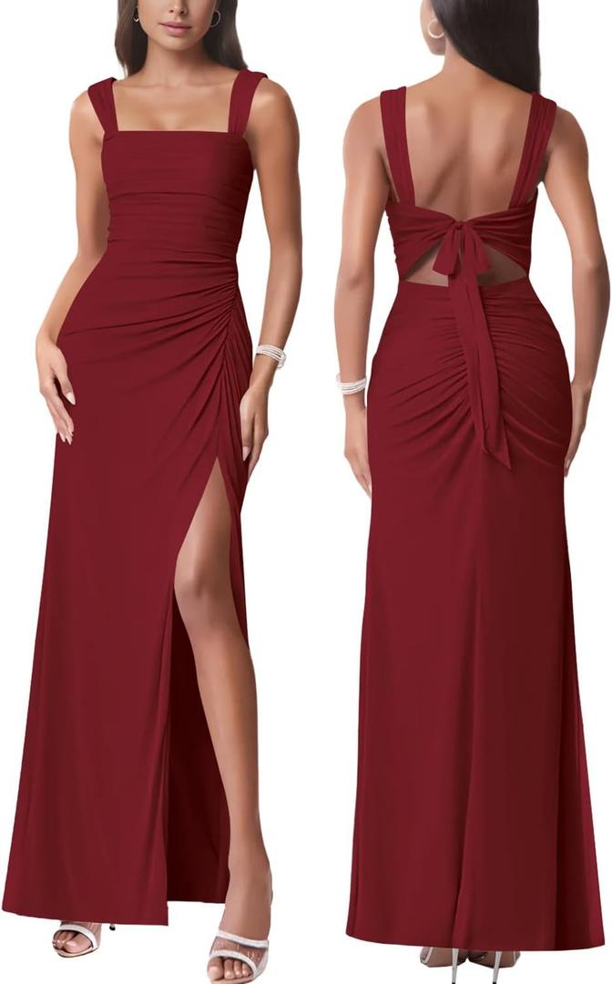 Women Sexy Mesh Tie Low Back Sleeveless Split Ruched Maxi Dress Party Cocktail Long Dress Wedding Guest Dresses (Medium, Wine Red)