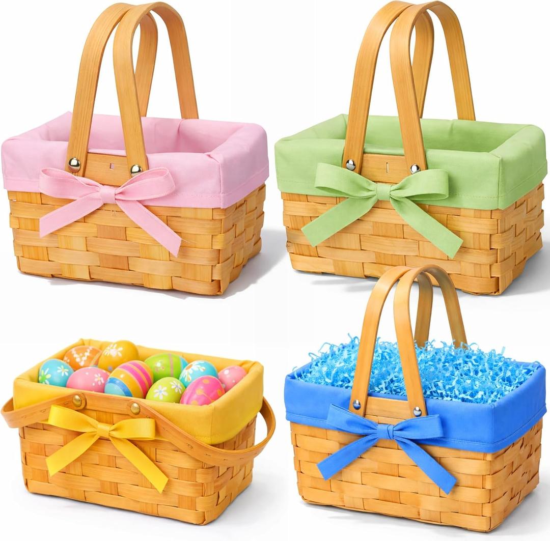 4 Pcs Easter Basket with Double Folding Handles and Gingham Liner Empty Natural Woven Woodchip Picnic Bamboo Handmade Woven Eggs Basket for Picnic, Gift Packing, Storage (Pure)