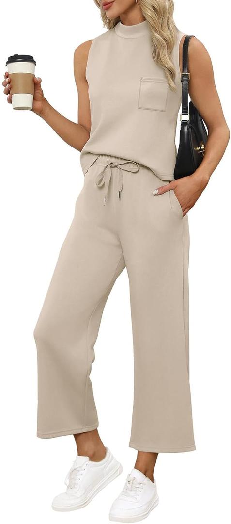 WIHOLL Summer Outfits for Women 2025 Resort Wear Matching Sets Women Clothing 2 Piece Holiday Beach Vacation Travel Airport Outfit Loungewear Lounge Sets Tracksuit, Beige, M