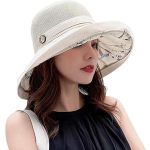 Summer Mesh Sun Hats for Women UV Protection Wide Brim Packable Beach Bucket Hat (One Size, Beige)