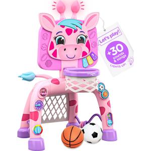 Move2Play, Giraffe Basketball Hoop & Soccer Goal Activity Center | 30+ Sounds & Lights | 1, 2, 3+ Year Old Gift & Birthday Present | 6, 12, 18, 24+ Month Toy For Baby, Toddler, Boys, & Girls (Pink)