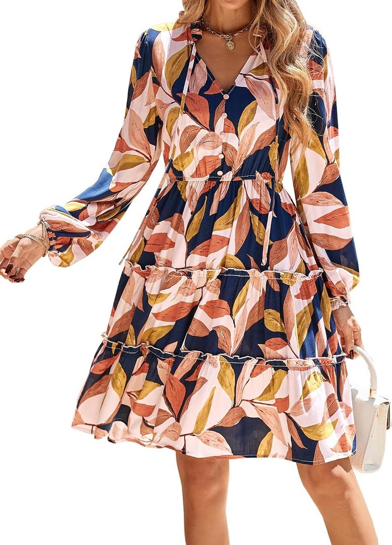 BTFBM Women Fall Dresses 2026 Floral Long Sleeve Mini Boho Dress (XS)