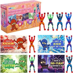 Gocozer 28 Packs Valentines Day Gifts for Kids, Ninja Sticky Stress Relief Tricky Toys with Ninja-Themed Valentines Cards for Classroom, School Valentines Day Gifts for Boys Girls