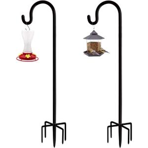 Adjustable Outdoor Shepherd Hook Stand with 5 Prong Base, 60 Inches Tall 3/5 in Thick, Shiny Black (2 Packs)