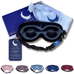Sia Silk Sleep Mask with Eye Cups – No-Pressure 3D Eye Covers for Sleeping with Eyelash Extensions – Made of Thick Memory Foam – Adjustable, Blackout Silk Eye Sleep Mask for Women & Men -Black