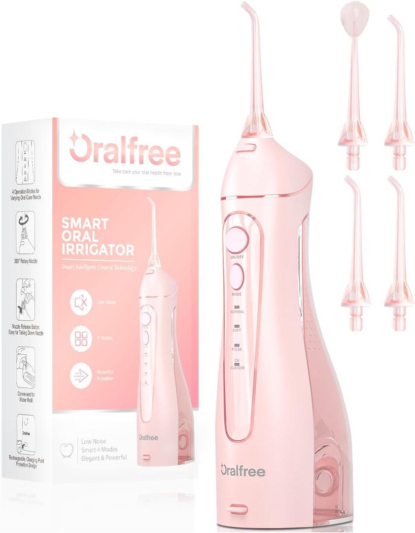Oralfree Water flosser Teeth Picks - Dental Braces Cordless Oral Irrigator Portable Rechargeable Travel Irrigation Cleaner IPX7 Waterproof Electric Professional Flossing Teeth Cleaning for Home (Pink)