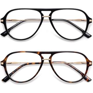 AMOMOMA Aviator Reading Glasses for Women Men Blue Light Blocking Lens Spring Temple AM6226 (C1.black+c2.tortoise)