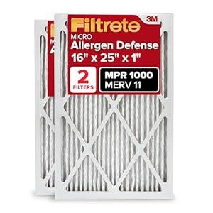 Filtrete 16x25x1 AC Furnace Air Filter, MERV 11, MPR 1000, Micro Allergen Defense, 3-Month Pleated 1-Inch Electrostatic Air Cleaning Filter, 2 Pack (Actual Size 15.719 x 24.72 x 0.84 in)