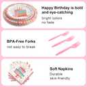 96Pcs Birthday Plates and Napkins Party Supplies, Pink Happy Birthday Cake Theme Party Paper Plates and Napkins Sets for Kids, Serve for 24 Guests, Striped Edge