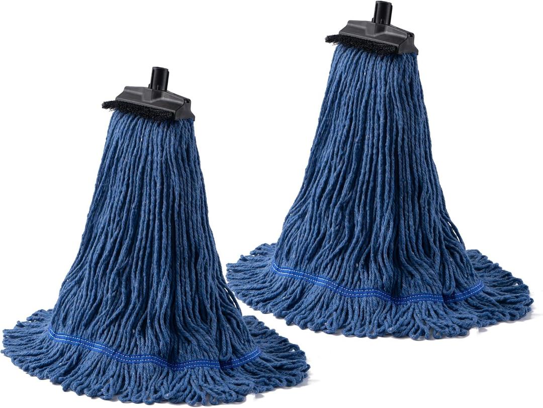 Matthew Large Heavy Duty Mop Head Commercial Replacement for General and Floor Cleaning, Screw-on Wet Industrial Cotton Looped End String Head Refill (Blue Pack of 2) w/ Built-in Flexible Bristle Brush