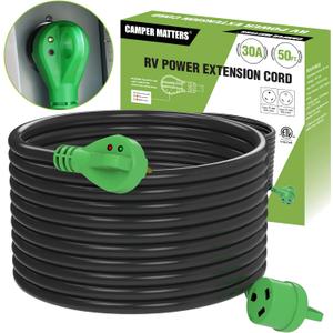 30 Amp 50 FT RV Power Extension Cord with Reverse Polarity LED Light, TT-30P to TT-30R, Heavy Duty PVC Jacket, Easy Plugin Handle, Colorful Storage Bag, and Plastic Strap Organizer