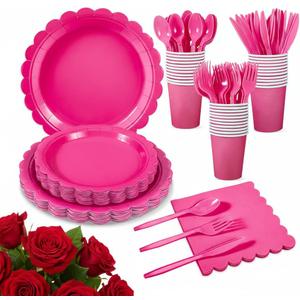 175 Pcs Hot Pink Paper Plates and Napkins, 25 Guest Hot Pink Valentines Supplies Include Scalloped Valentines Day Plates Napkins Cups Plastic Cutlery Set for Birthday, Bridal Shower