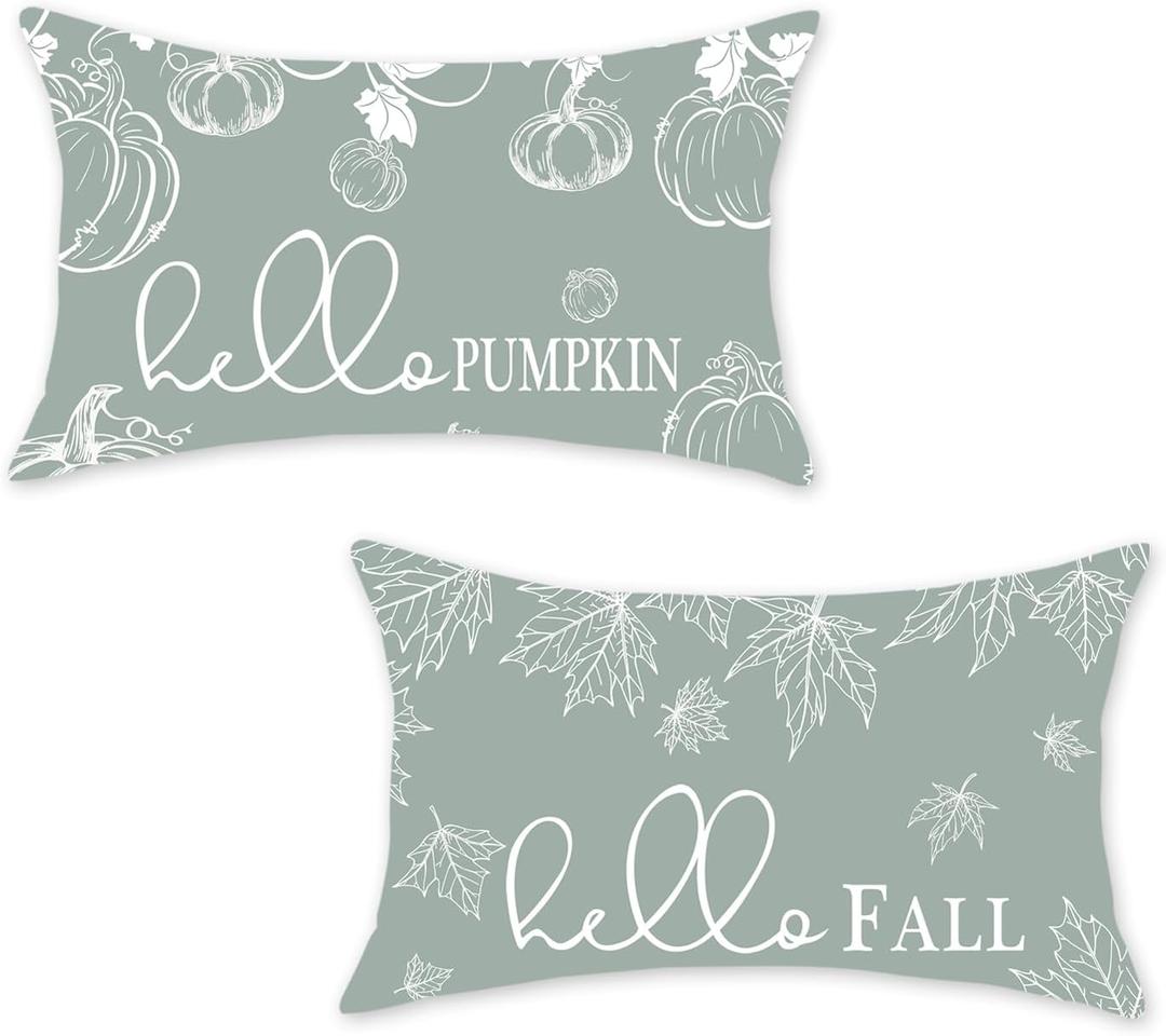 ONWAY Fall Throw Pillow Covers 12x20 Set of 2 Farmhouse Hello Fall Pumpkin Maple Leaves Decorations Outdoor Patio Autumn Seasonal Cushion Cover for Sofa Couch Home Bed Blue