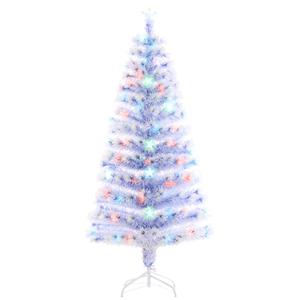 Juegoal 5ft Pre-Lit Artificial Christmas Tree, Lighted Optical Fiber Xmas Trees with Color Changing LED Lights, Snowflakes & Top Star, Party Home Holiday Fake Multicolored Tree with Metal Legs, White