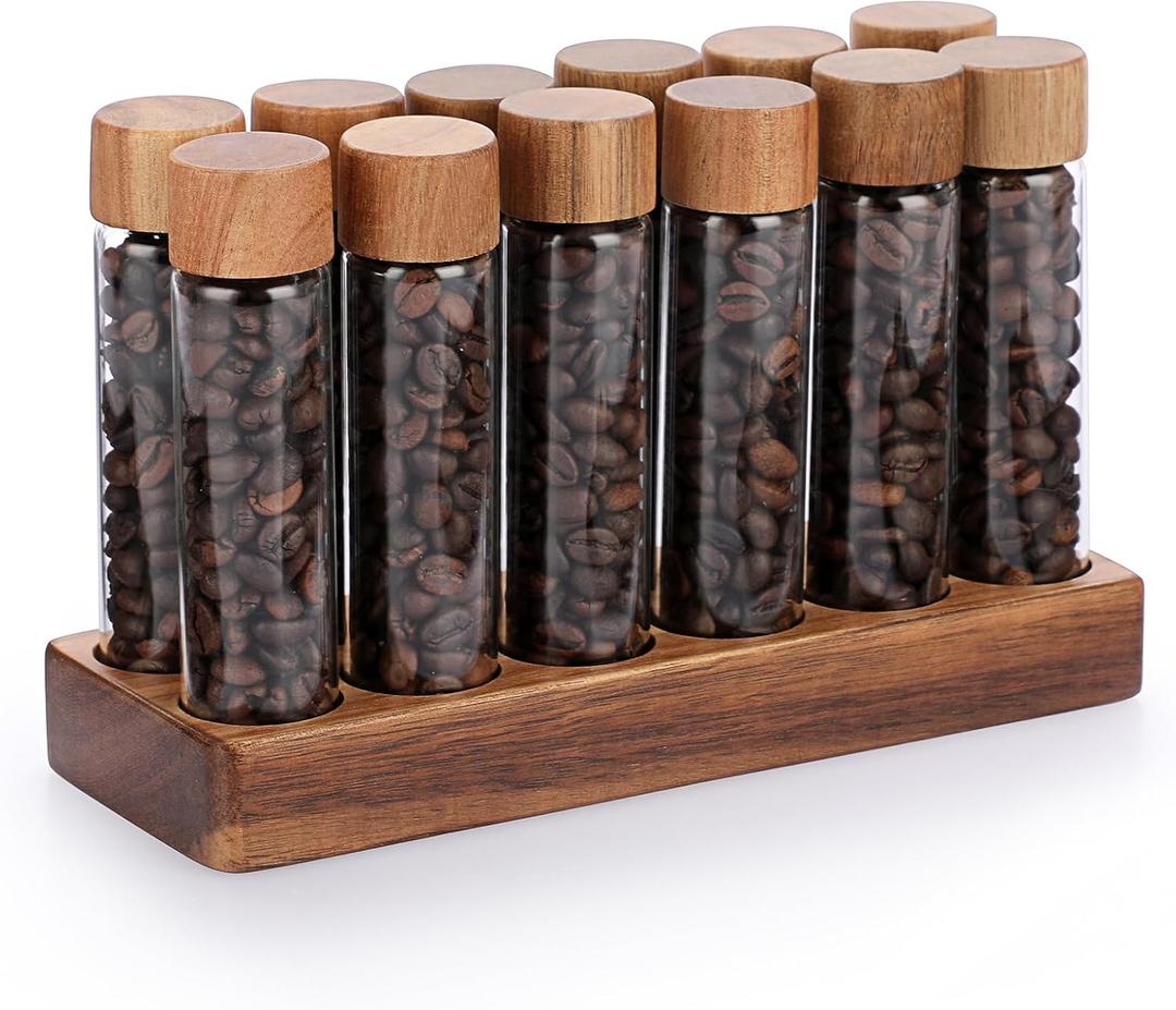 JUXYES Set of 12 Single Dose Coffee Bean Storage Tubes with Wooden Stand and Lids, Dosing Glass Vials for Coffee Storage, Coffee Bean Container Cellars, Espresso Bean Canisters Set, 2 fl oz