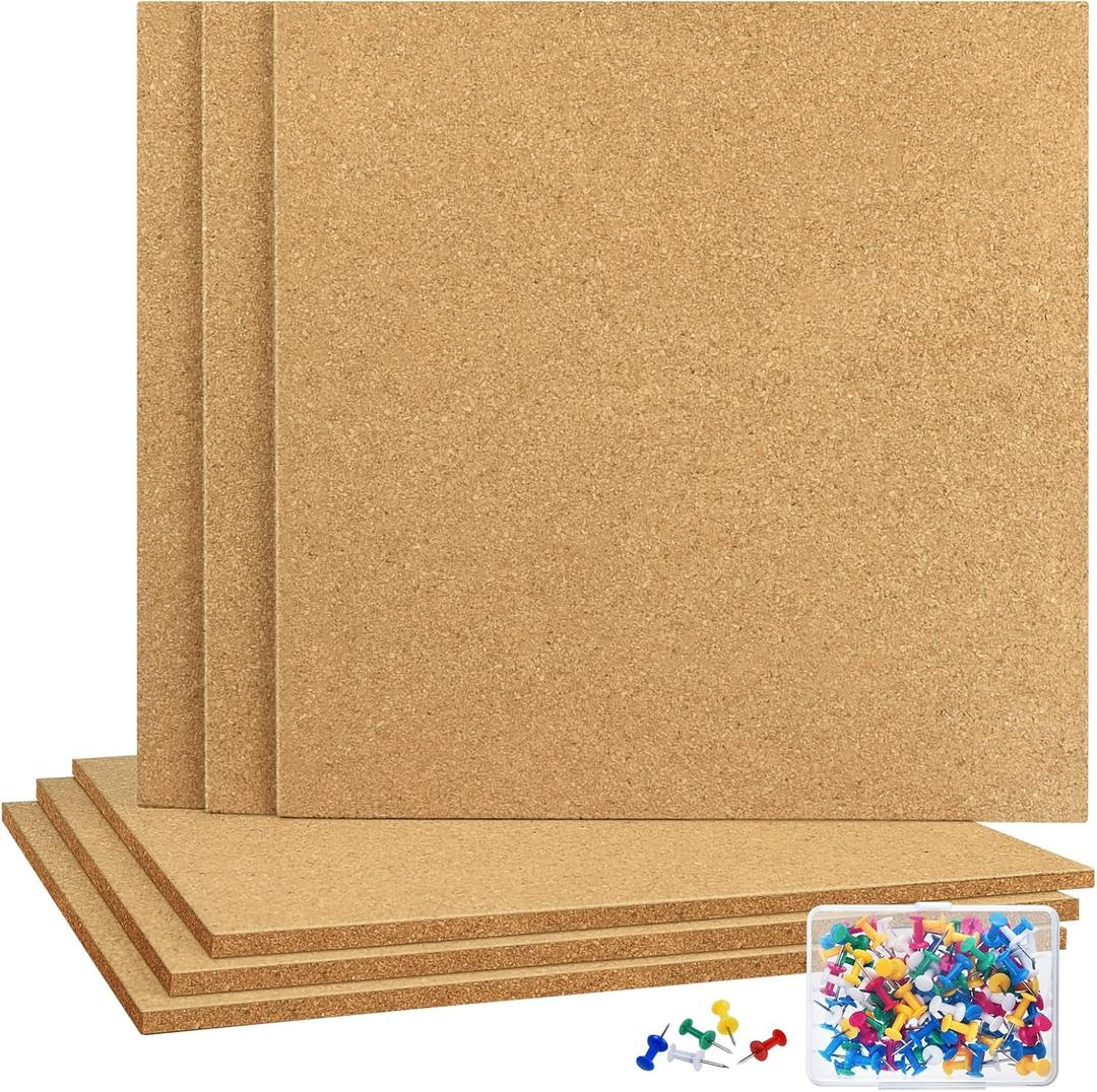 TUPARKA 6 Pack Cork Board 12"x12" - 1/4" Self-Adhesive Corkboards With 100 Push Pins, Bulletin Boards, Square Cork Tiles for Wall, Home, School, Office Decorative
