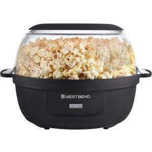 West Bend Stir Crazy Hot Oil Popcorn Popper, Popcorn Maker Machine with Large Serving Bowl Lid and Stirring Rod, 6 Qt, Black