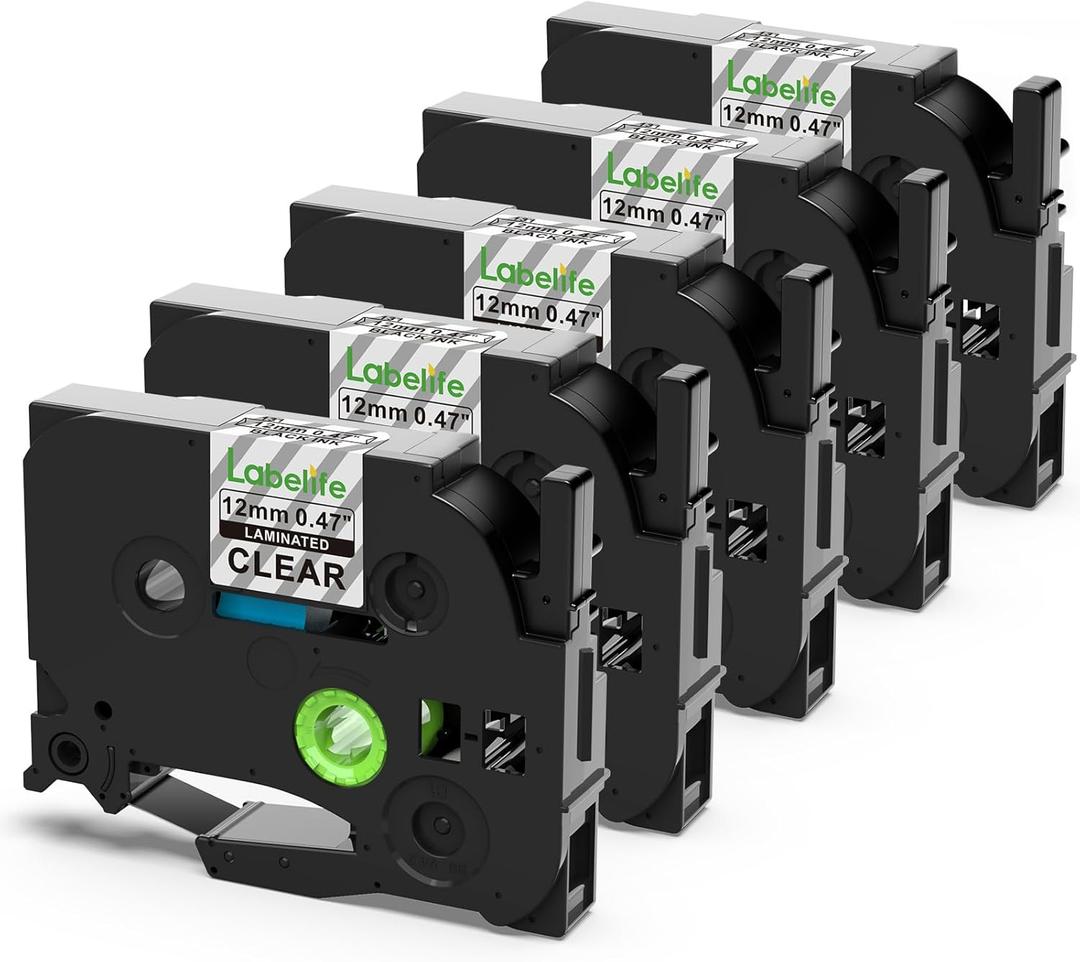 Labelife 5-Pack TZe TZ Tape 12mm 0.47 Laminated Clear Label Tape TZe-131 Replacement for Brother Label Maker Tape Clear TZe131 TZ-131 for Brother P Touch PT-D210 PT-D220 PT-H110 PT-D400 PT-D600 PTD200 (Black on Clear)