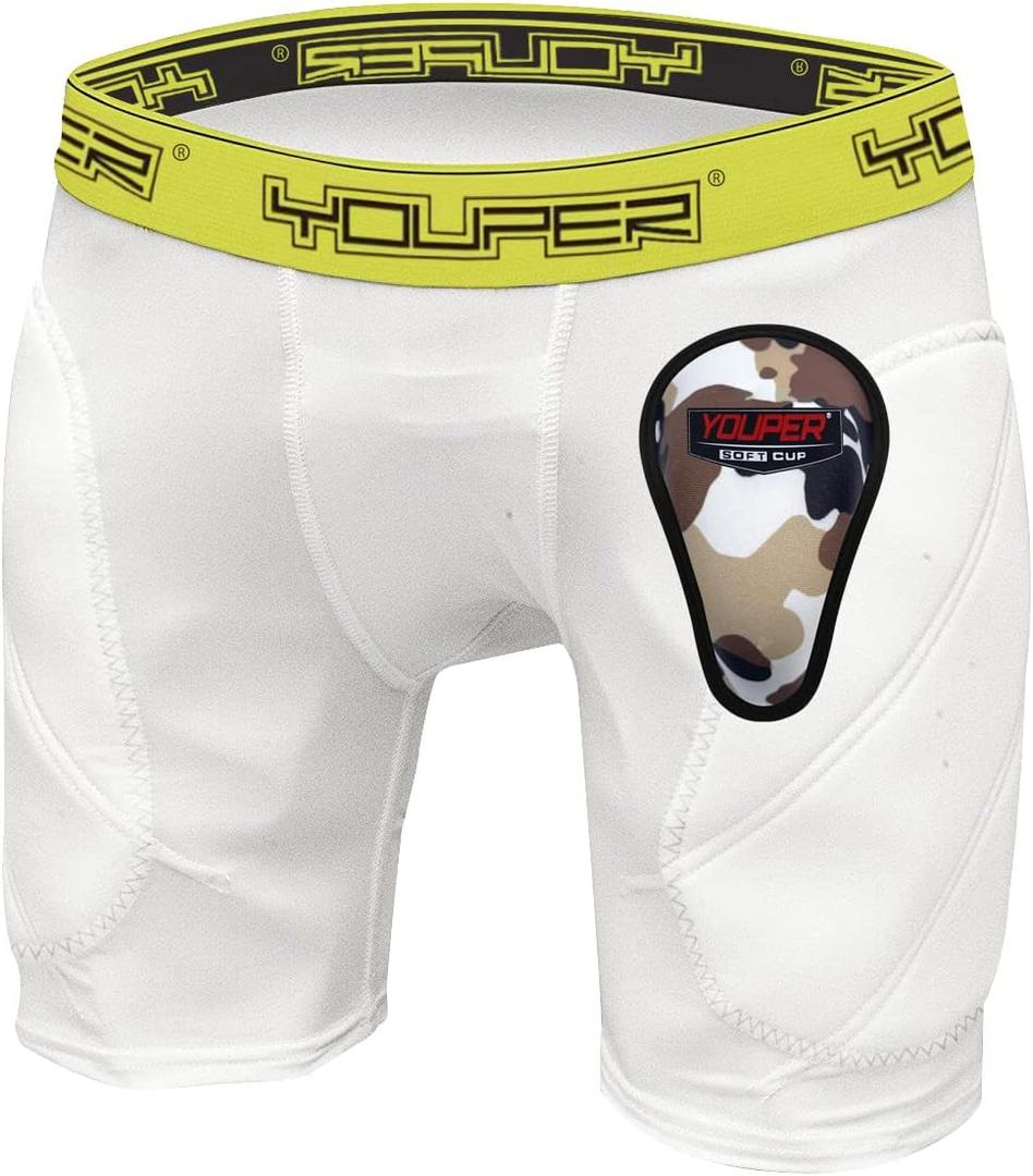 Youper Boys Youth Padded Sliding Shorts with Soft Protective Athletic Cup for Baseball, Football, Lacrosse (X-Large, White)