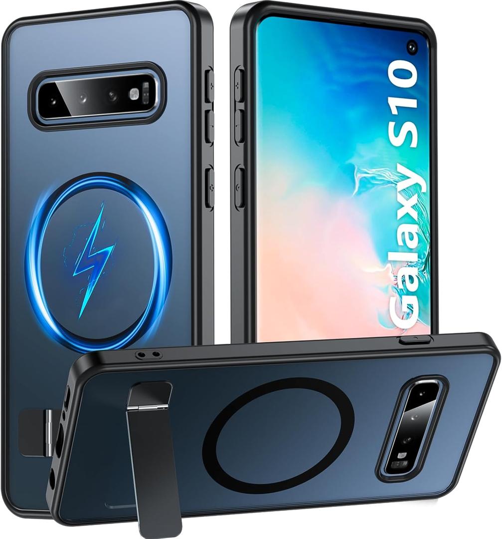 for Samsung Galaxy S10 Case with Stand, Magnetic Galaxy S10 Case Compatible with Mag-Safe Adjustable Kickstand Military Grade Shockproof Protective Bumper Phone Case for Samsung S10, Black