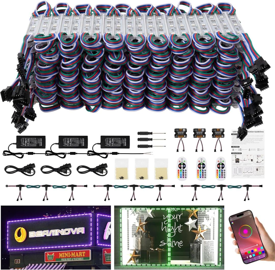 BEAMNOVA 120FT RGB LED Strip Lights Kit, Dual Parallel Controllers, 3 Power Injection Cables, 180W Power Supply, IP65 Waterproof Commercial LED Storefront Window Lighting with Remote & App