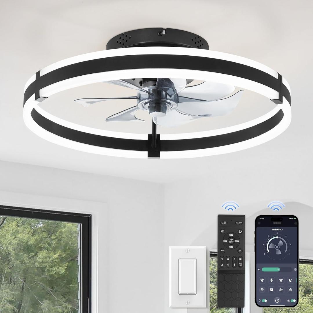 Low Profile Ceiling Fans with Lights and Remote, 19.7'' Modern Flush Mount Ceiling Fan, Dimmable LED Small Fan Light, 6 Speeds, Fandelier Ceiling Fans with LED Light for Bedroom, Black