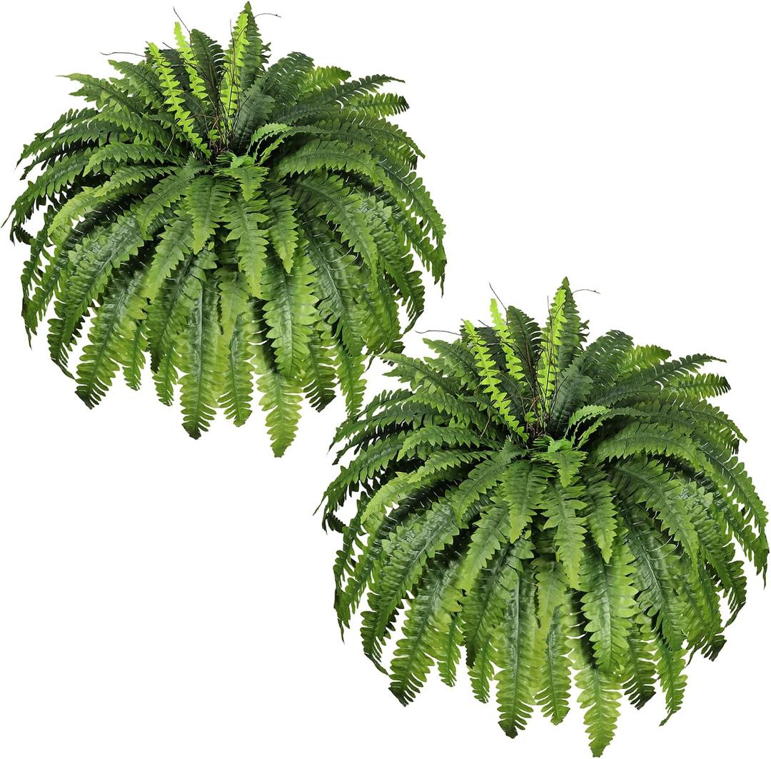 Artificial Ferns for Outdoors & Indoors, 51" Fake Ferns Artificial Plants Large with 66 Fronds, 2 Packs Faux Fern Greenery for Porch Windowsill Garden Planter Home Office Decor, Potted or Hanging