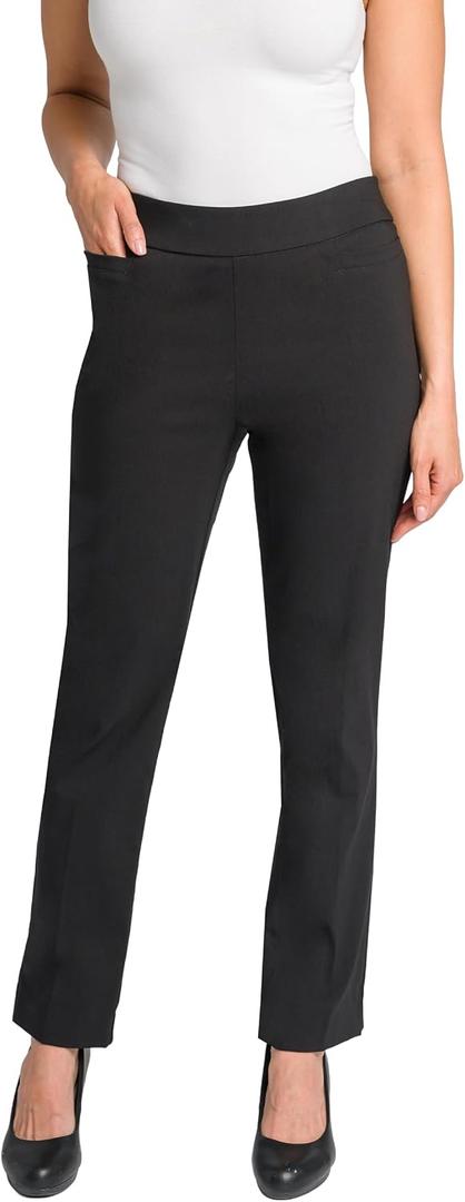 Briggs New York Womens Pull On Dress Pants 4 Pockets Straight Leg Stretchy Office Casual Work Slacks (Black)