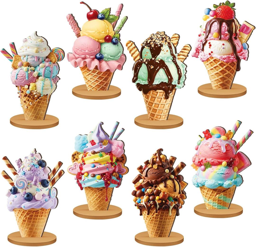 Amyhill 8 Pcs Summer Ice Cream Table Decorations Wooden Ice Cream Cone Table Centerpiece Sundae Party Decorations Toppers for Summer Theme Bridal Wedding Graduation Birthday Favor Supplies (Soft Color)