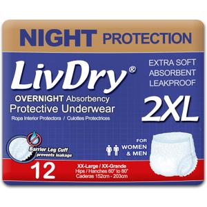 LivDry Adult XXL Incontinence Underwear, Overnight Comfort Absorbency, Leak Protection, XX-Large, 12-Pack (XX-Large (12 Count))