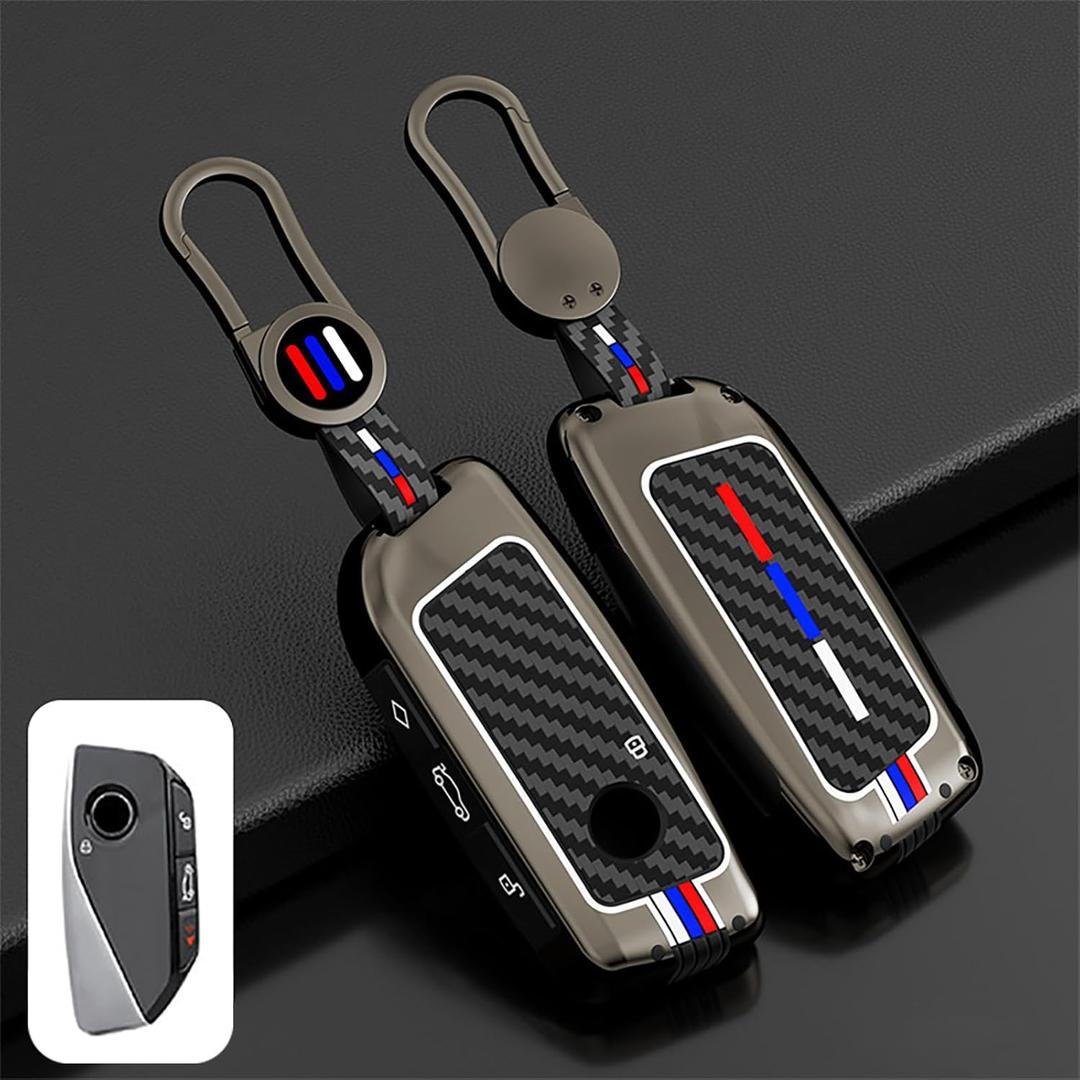 OLLEN Heavy Zinc Alloy Key Fob Cover, Fit for BMW 2023~up New 5/7 Series 740i 760i X1 X2 X3 X5 X6 X7 XM IX IX3 I5 I7 ect, Full Protection Remote Fob Cover with Carbon Fiber Pattern, Gunmetal (1 Pcs)